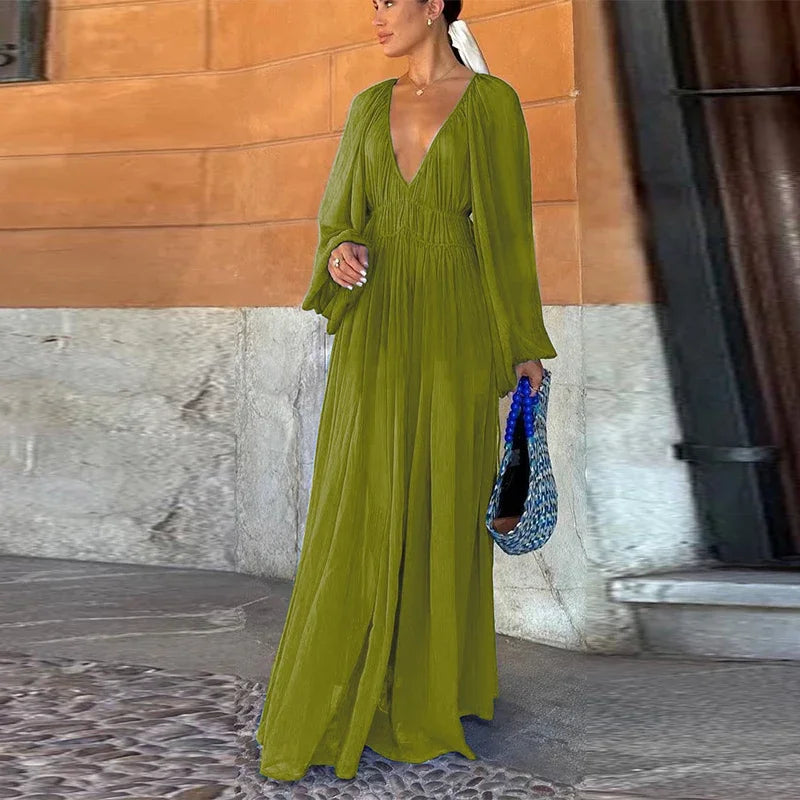 Elegant Pleated Long Dress Women Loose V Neck Long Sleeves High Waist Vestidos Female 2025 Summer Holiday Solid Evening Dresses