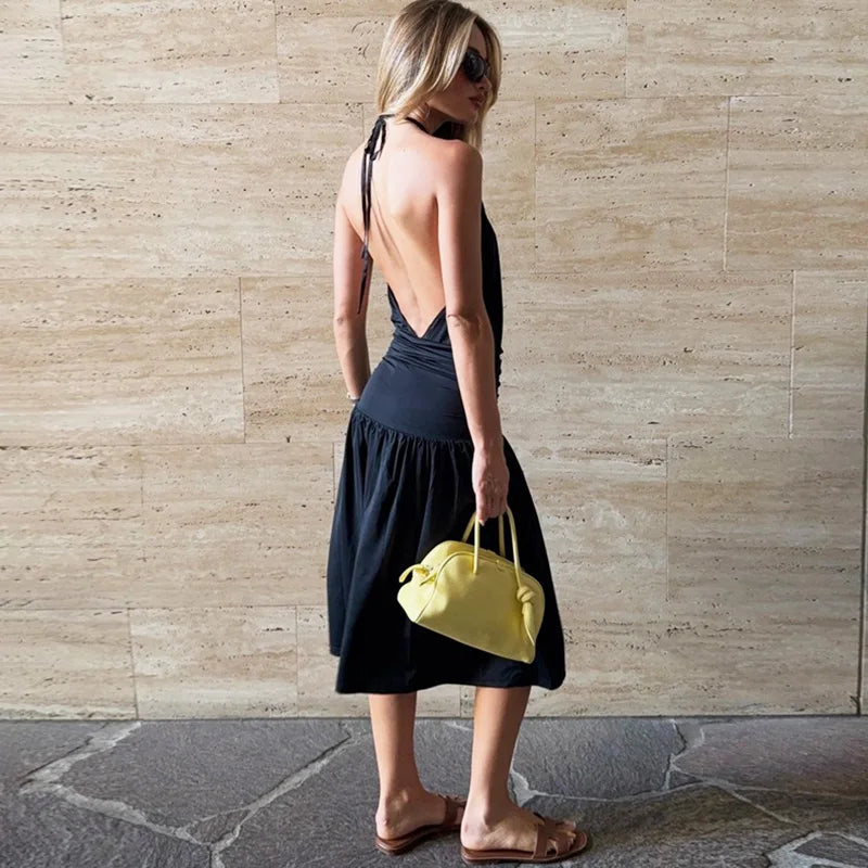 Elegant Women Streetwear Vacation Dresses Sexy Deep V-Neck Halter Dress Black Ruched Backless Lace Up Split Long Dress