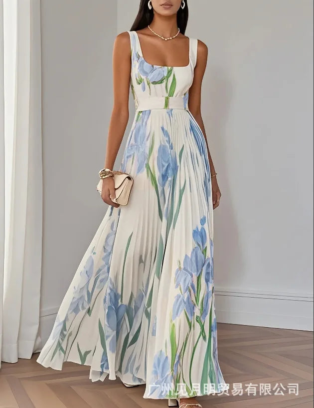 Elegant Print Belt Long Holiday Dress Women Square Collar Sleeveless Backless Pleated Party Dresses 2025 Summer Lady Floral Robe