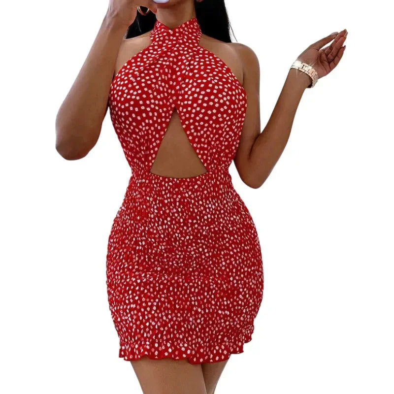 Women Close-fitting Backless Dress Sexy Floral Printed Pattern Halter Neck Hollow Out Short Dresses Summer Club Wear