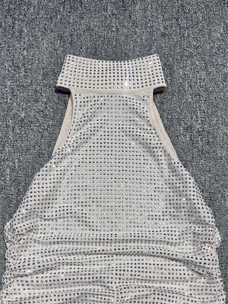 Mock Neck Halter Crystal Embellished Ruched Bodycon Maxi Dress