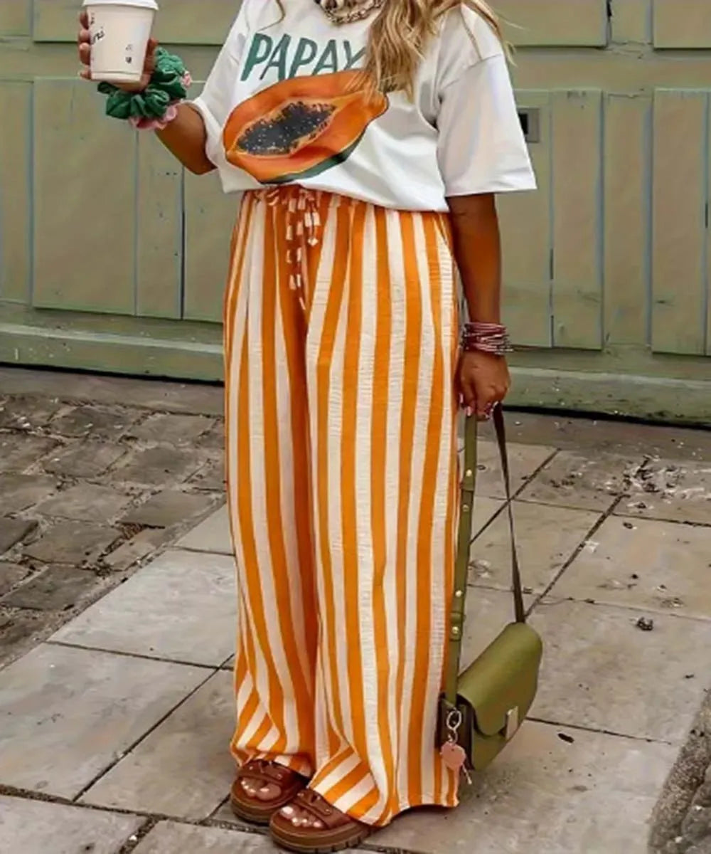 Spring Summer Women's Casual Loose Color Block Striped Print Straight Leg Pants Trousers