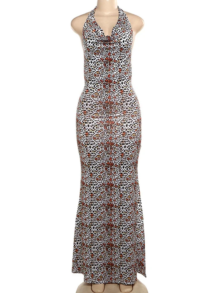 Leopard Print Backless Long Dress Women's Sexy Sleeveless Halter V-Neck Slim High Slit Pleated Evening Dress Long Dress