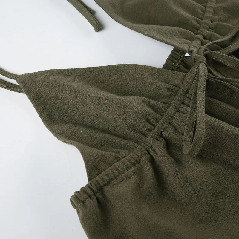 Summer Cotton Linen Short 2 Piece Sets for Women Sexy Spaghetti Strap Tops and Drawstring Short Sets Female Casual Matching Sets