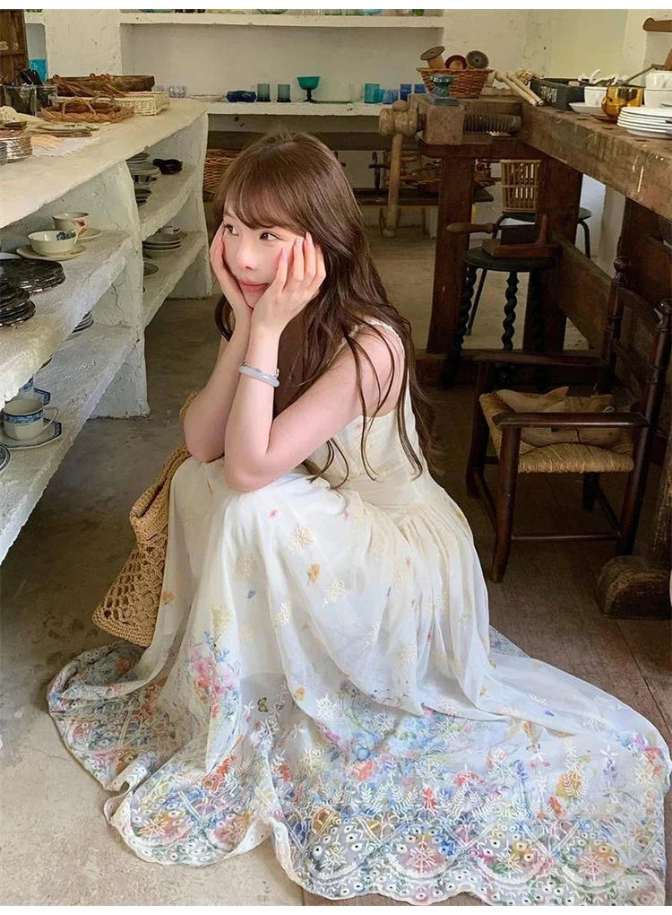 Floral Print Halter Dress Women's High Waist Gradient Sleeveless Long Dress Spring Commute Style Embroidered A-Line Skirt