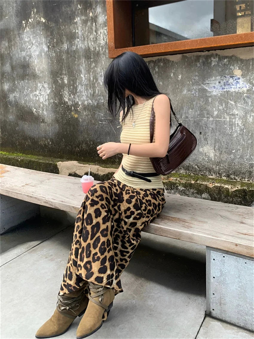 Retro Mopping Skirts Women Loose Slim New Leopard Chic Casual Elegant High Waist Office Lady Daily Streetwear
