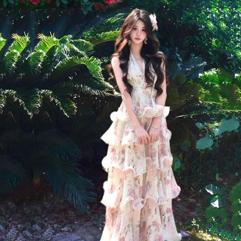 Summer Hot Selling Neckband Rose Flower V-neck Waist Cinched Cake Skirt Chiffon Long Skirt for Women
