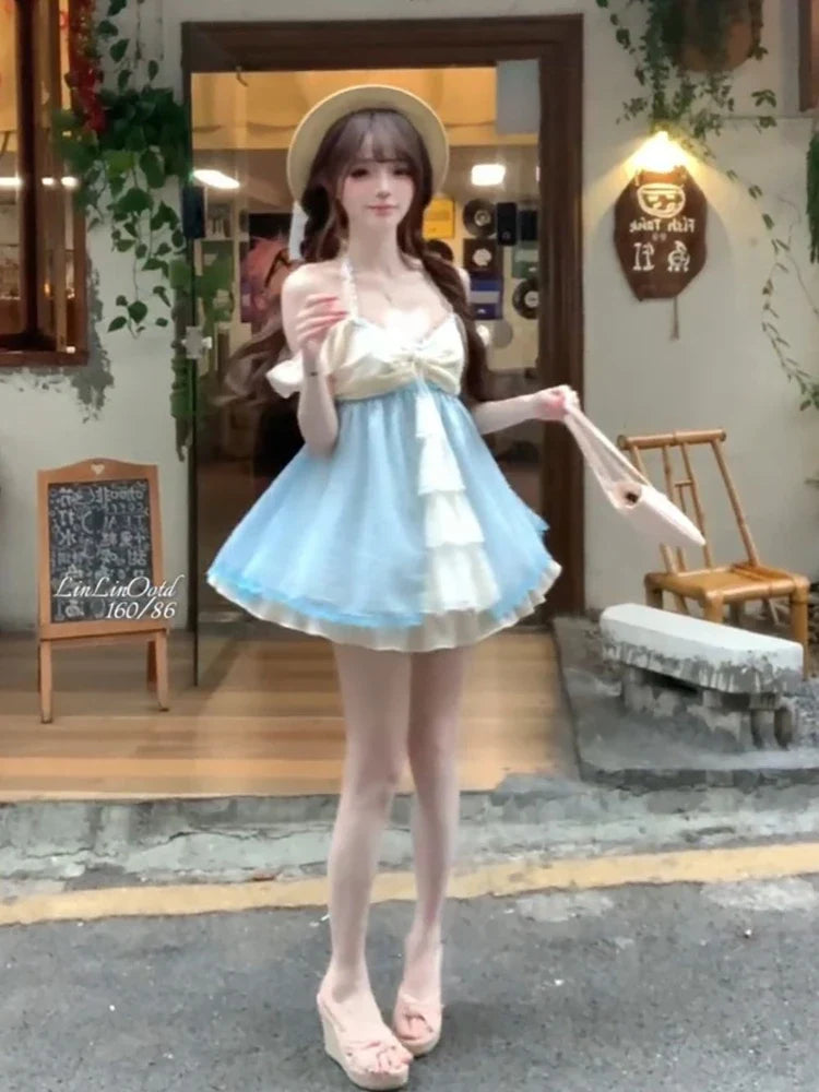 Summer Sweet Korea Fashion Fake Two Pieces Dress Woman Japanese Cute Loose Hanging Neck Dew Shoulder Short Design Dress New