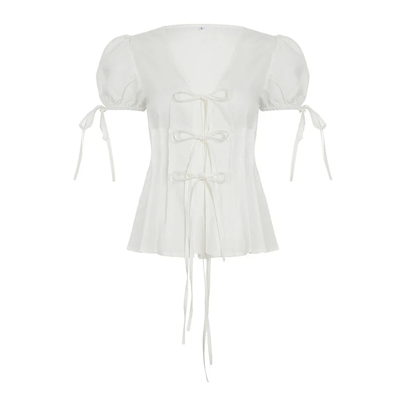 Spring Summer French Style V-Neck Pleated Blouse With Waist Tie Lightweight Solid Color Cardigan Top Casual Office Wear