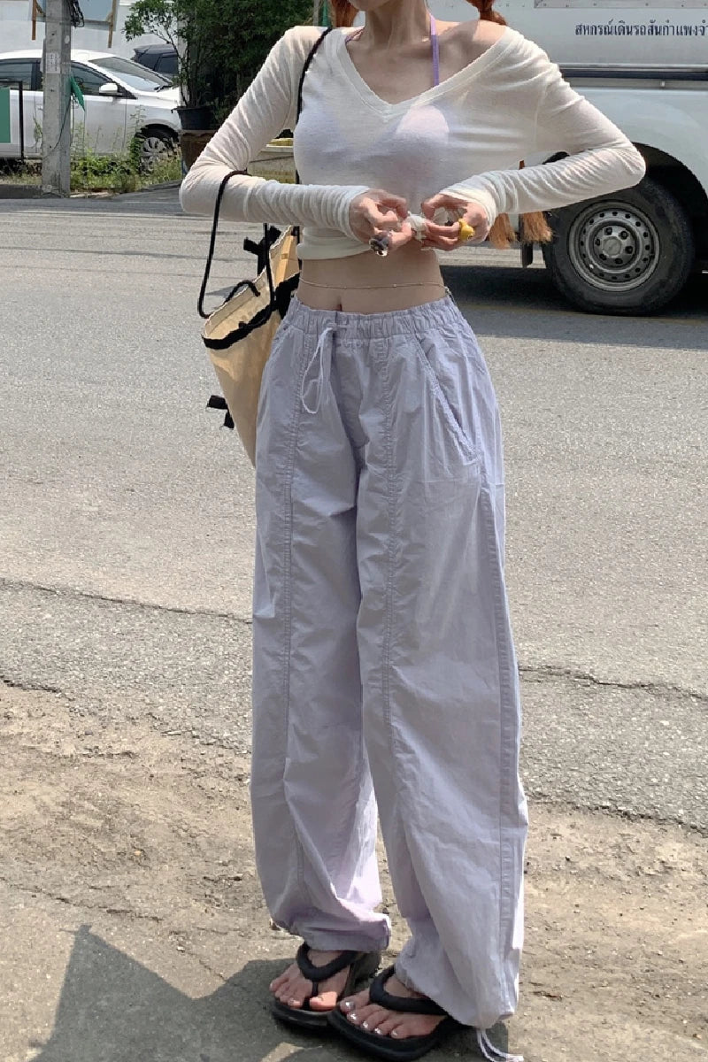 Casual Baggy Wide Leg Sweatpants White Loose Drawstring Low Waist Streetwear Cargo Pants Womens Hippie Joggers Trousers