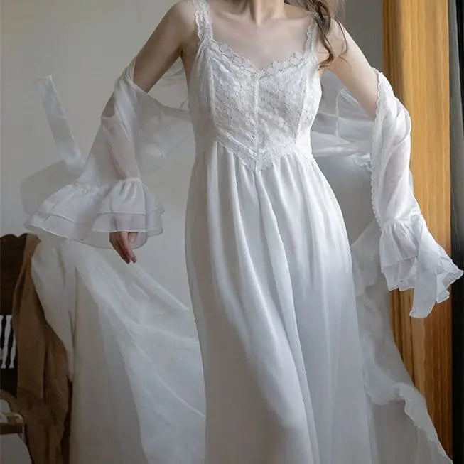 Vintage New French Retro Nightdress Retro Princess Style Nightgown Wedding Morning Gown Fairy Home Lounge Sleepwear Gown Costume