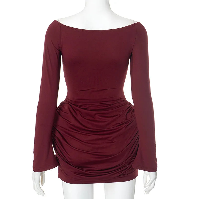 Scoop Neck Long Sleeve Ruched Draped Wrap Hem Bodycon Mini Dress