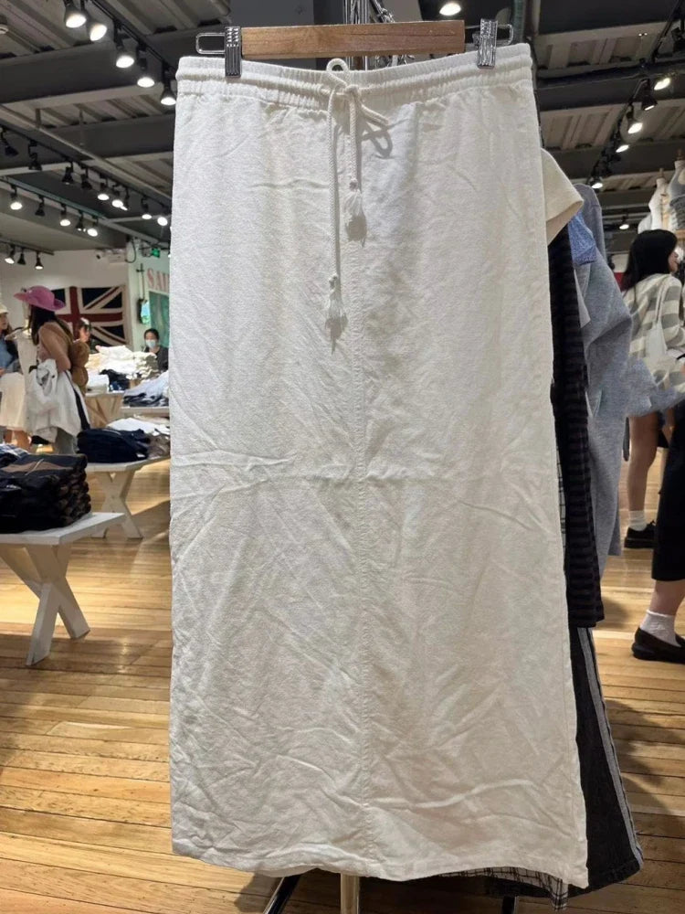 Casual Women Beige Skirts Summer Sweet High Waist Drawstring Skirts Solid Color Female Chic Bottoms