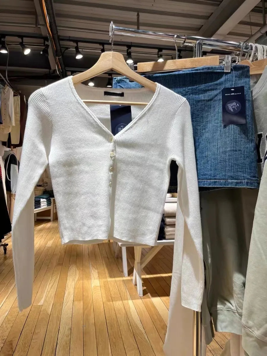 Ribbed Knitted Cardigan Women Autumn Winter Clothes Long Sleeve Streetwear Fashion Y2K Crop Tops Slim Fit Sweater Female