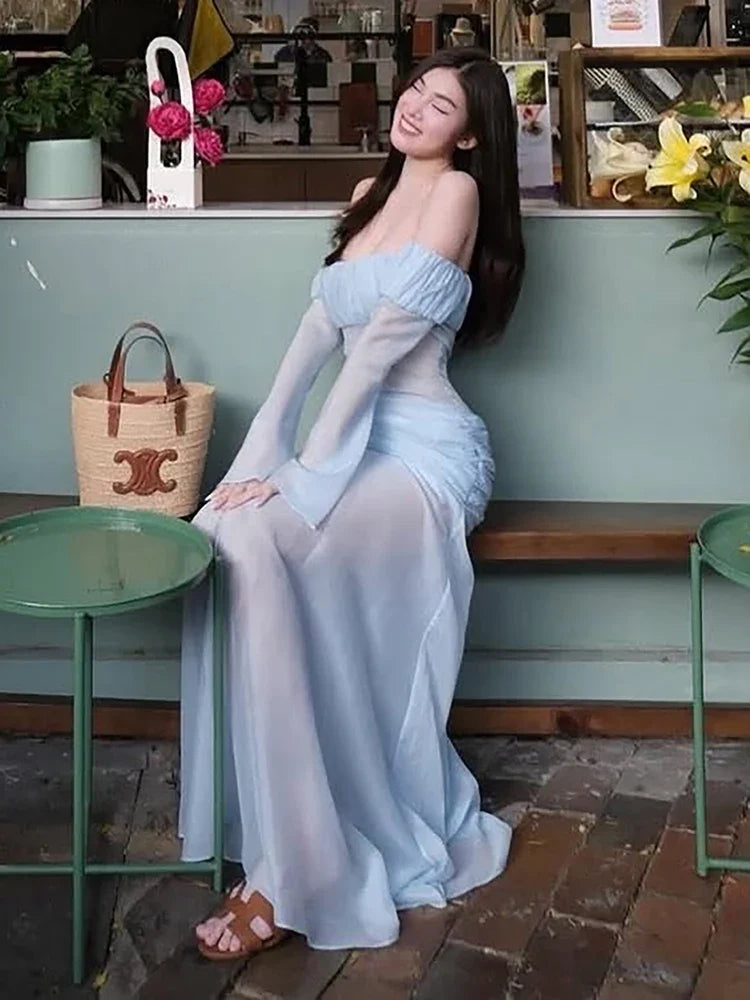 Party Maxi Dress Women Off-Shoulder Full Sleeve Folds See Through Hem Elegant Vacation Birthday Autumn Trend Vestidos
