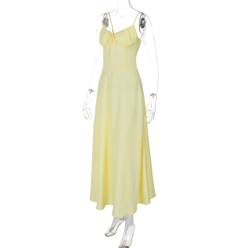 Sweetheart Neck Spaghetti Strap Ruched Tie Front Column Maxi Dress