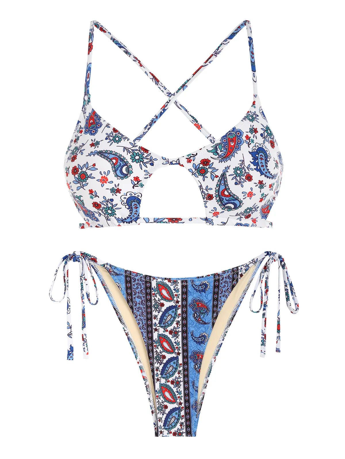 Floral Printed Ethnic Style Tie Side Criss Cross Star-shaped Bikini Swimwear