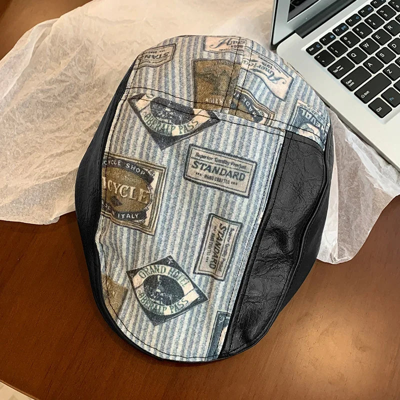 Japanese Retro Printed PU Leather Forward Hats for Women Summer and Autumn New Niche Splicing British Berets Caps Men