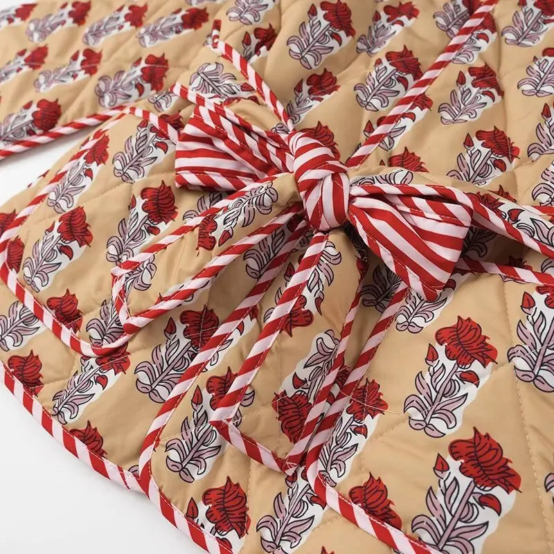 Autumn Winter Totem Flower Striped Print Tie Bow Sashes Quilted Reversible Coat Women Quilting Full Sleeve Loose Jacket