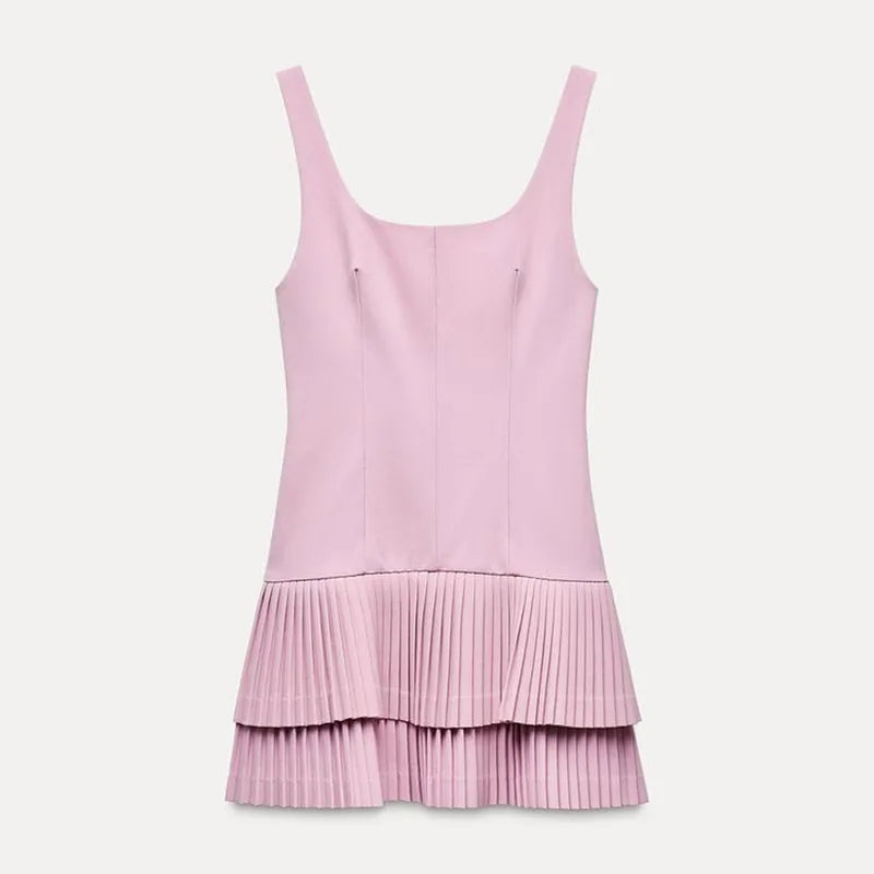 Square Neck Drop Waist Tiered Knife Pleat Mini Dress