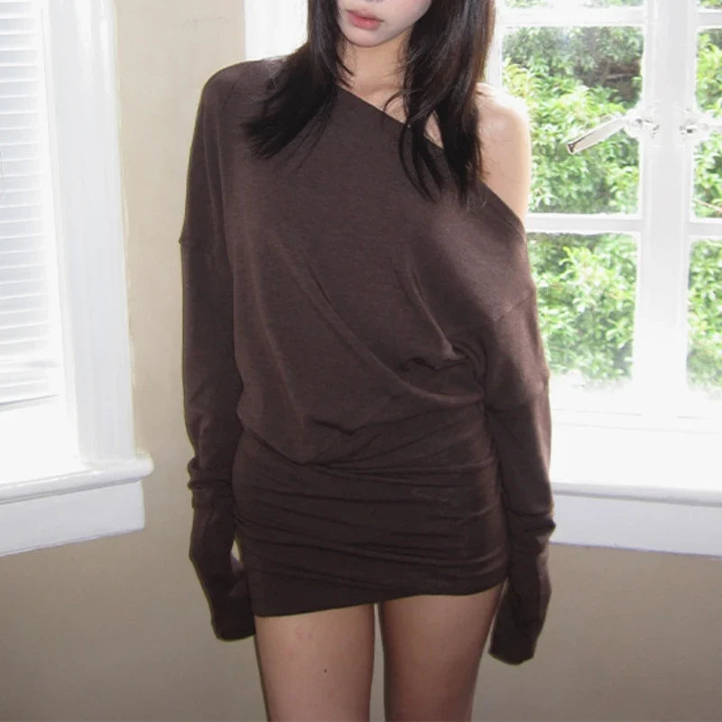 Spring Autumn Coffee Retro Slim Dress Hot Girl Long Sleeved Slanted Shoulders Straight Dress Y2k Pleated Thin Short Dresses 2025