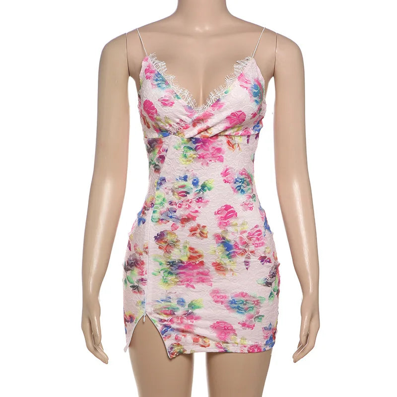 spring new women's seaside hottie vacation style sexy V-neck lace splicing floral suspender dress