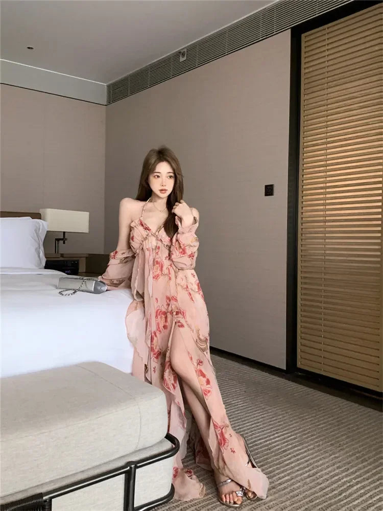 Summer Fashion High Split Irregular Long Holiday Chiffon Dress Women Backless Halter Off Shoulder Floral Print Beach Fairy Dress