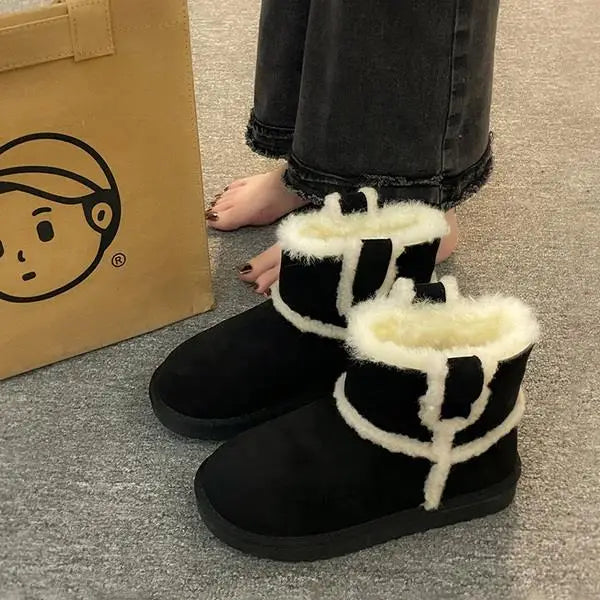 Flat Heel Snow Boots For Women Shoes Round Toe Winter Footwear Boots-Women Plush Ladies Low Fur Fabric Solid Rome Basic La