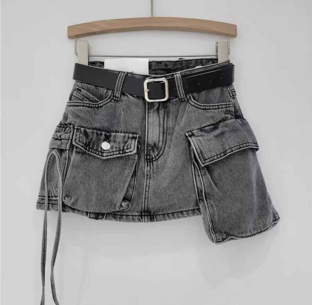 Y2K Low Waist 3D Pockets Mini Denim Skirt With shorts lining Sexy Rope Bow Side Package Hips Short Skater Light blue gray white