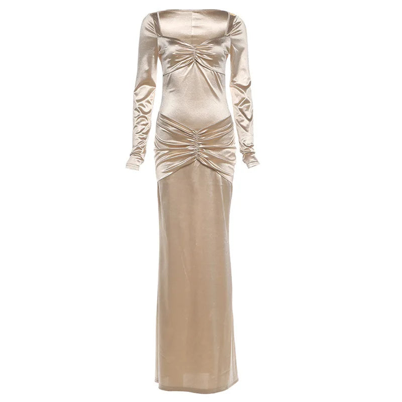 Women Elegant Satin Ruched Bodycon Maxi Party Dress Sexy Strapless Full Sleeve Back Split Evening Gown Birthday Long Robe