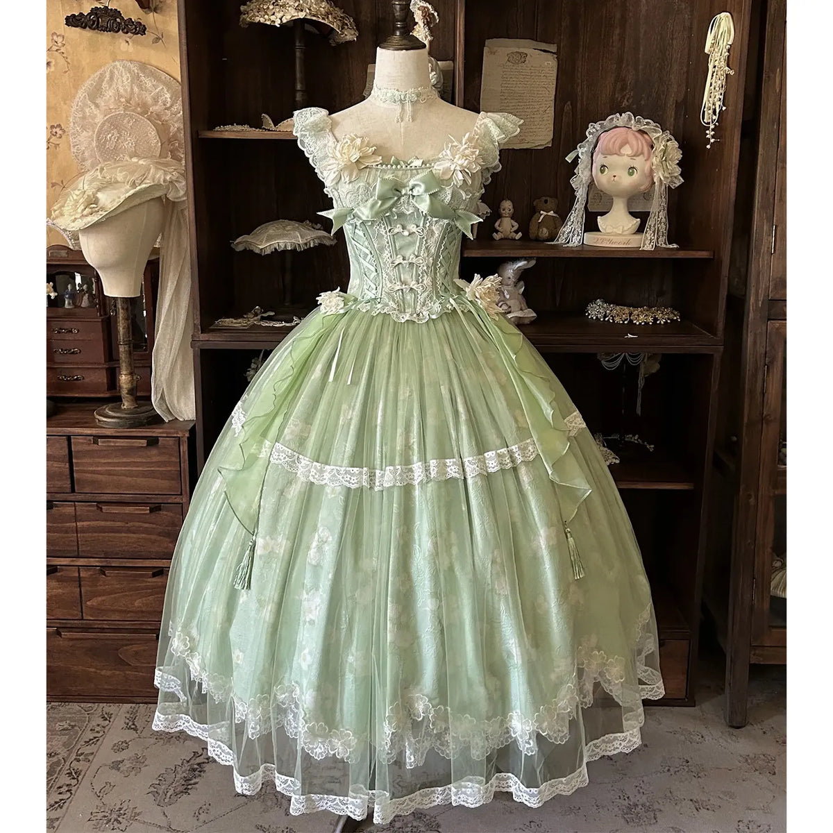 Summer New Women's Pink Green Flower Bow Slim Long Lolita Dress Coming-of-Age Birthday Banquet Princess Evening Dress