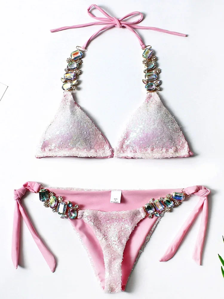 New Shiny Sequins Rhinestone Diamond Bikini Women Swimwear Female Swimsuit Two Pieces Bikini set Halter Bather Bathing Suit Swim