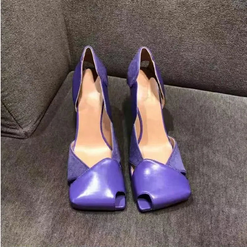 Vintage Square toe Patchwork Hollow out Women Pumps Spring Summer Fashion Patent Leather Slip-on Thin High heels Party Shoes