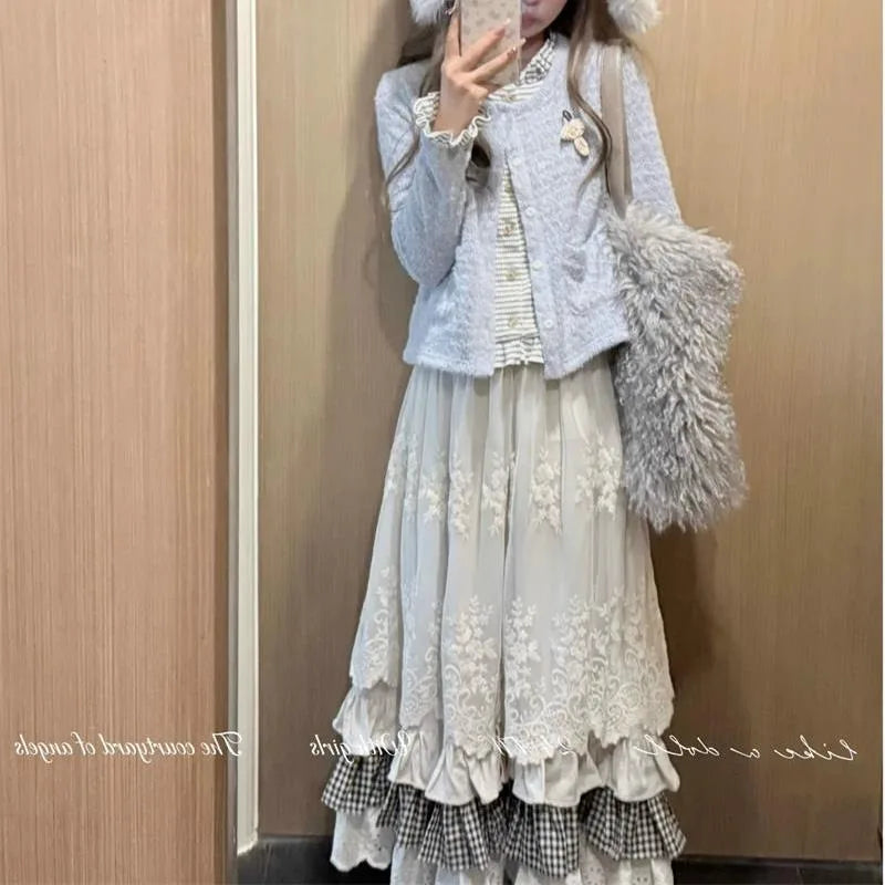 Japanese Vintage Sweet Y2k Mid-length Patchwork Skirt for Women Winter All-match A-line Faldas Mujer Moda Kawaii Skirt