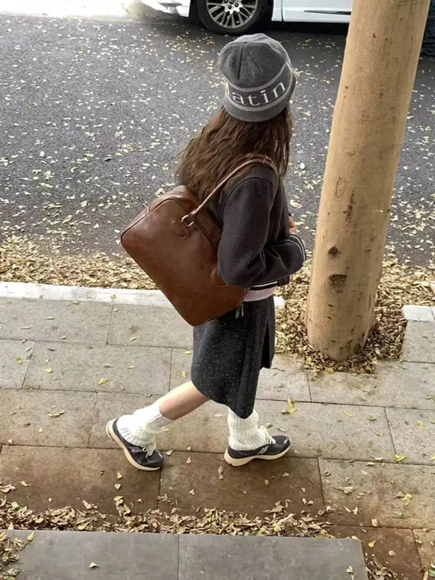 Japanese Retro Brown Tote Bag Women Ladies Waxed Leather Large Capacity Handbag Ladies Preppy Style Commuter Simple Shoulder Bag