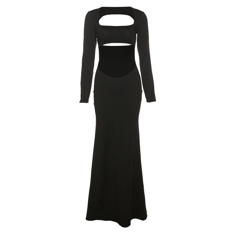 Long Sleeve Deep Square Neck Cutout Waist Fitted Maxi Dress