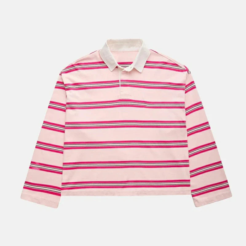 Women Y2K Vintage Retro Sweatshirts Long Sleeve Lapel Button V-Neck Pullover Top Loose Striped Rugby Pol0 Tee Shirts