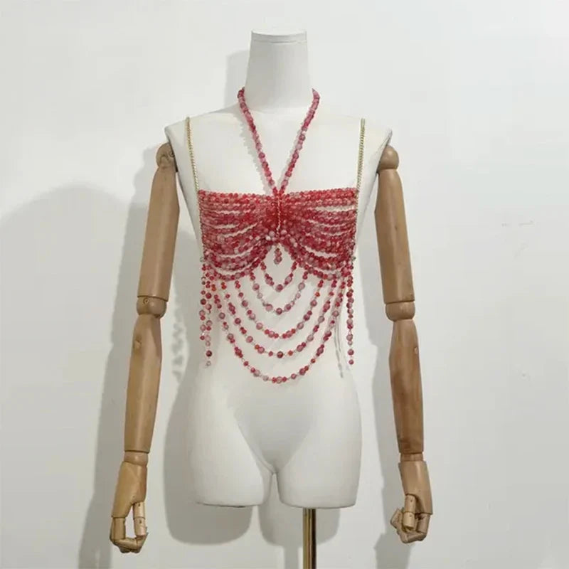 NEW Handmade color matching beads irregular shape chest wrap hollow backless tassel top sexy women beach camping vacation