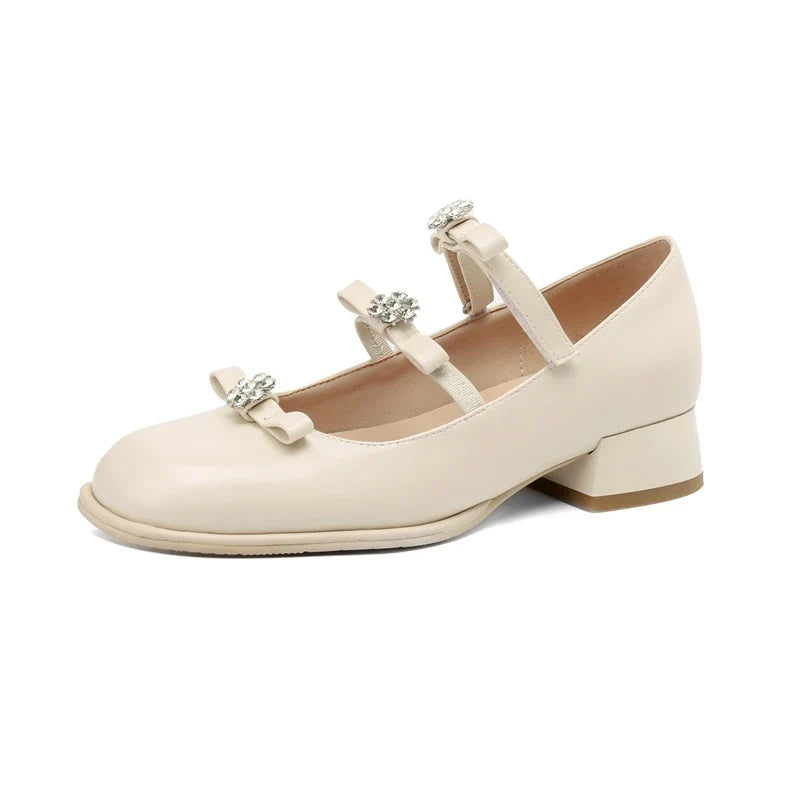 Women's New Spring and Autumn Round Head Bow with Diamond Flower Belt Buckle Middle Heel Large Mary Jane Single Shoes