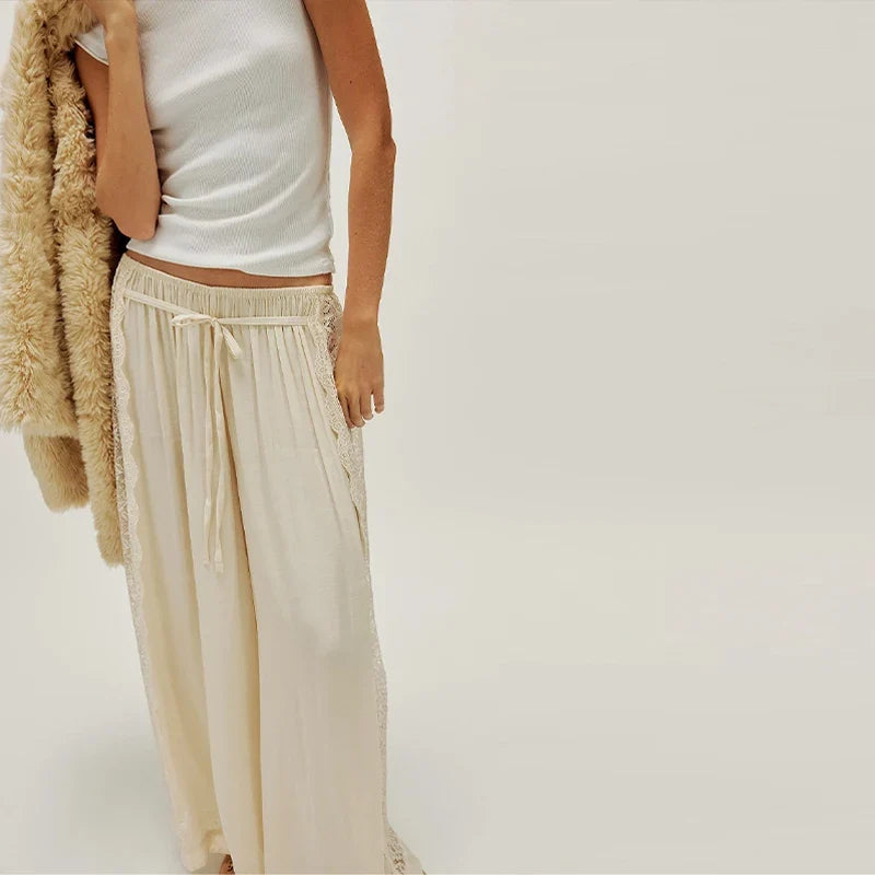 Casual Women's Solid Hollow Lace Patchwork Long Pants Loose Tie Up Wide Leg Trousers Spring Summer Holiday Beach Pant