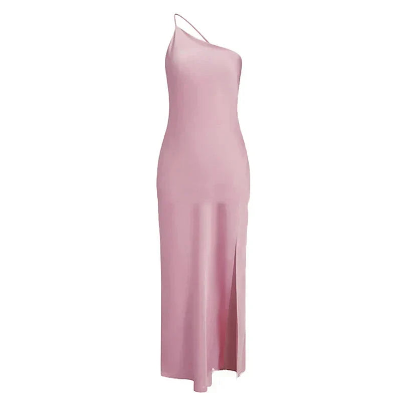 Asymmetric Strap Backless Slit Satin Maxi Dress