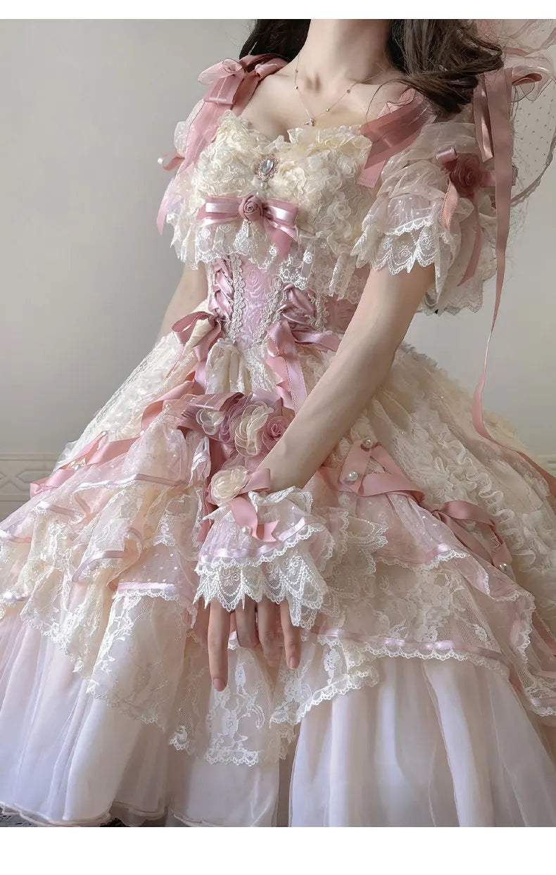 A wedding dress with shorter front and longer back for student's birthday coming-of-age ceremony