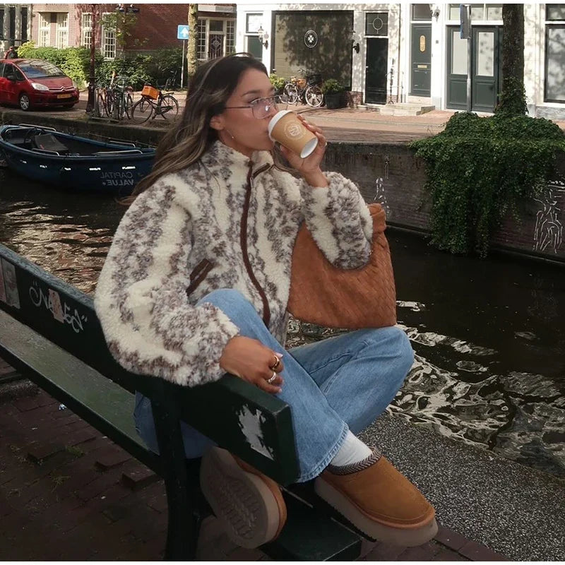 Vintage Plush Printed Jackets Women Casual Warm Zipper Stand Collar Short Coats Female New Spring Winter Chic Street Outwear