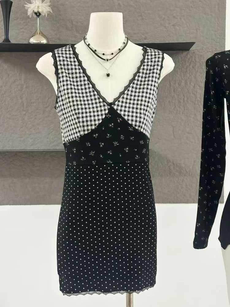 Spring Elegant Patchwork Floral Pattern Suit Women Design Sweet Elastic Knit Cardigan + Vintage Plaid Lace V-neck Dress 2025