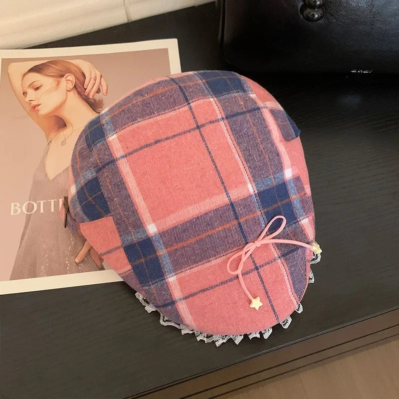 Y2K Cute Bow Lace Berets Cap for Women Spring Summer Sweet and Cool Versatile Dopamine Contrasting Color Plaid Forward Hats