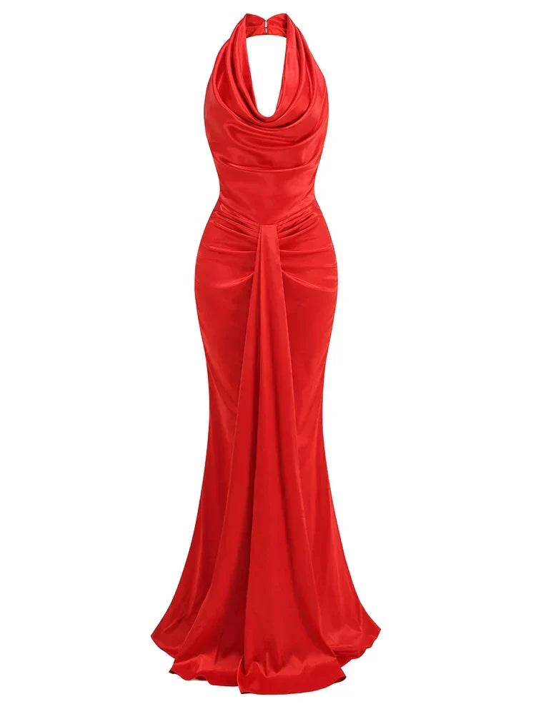 Halter Cowl Neck Waist Knot Draped Panel Maxi Gown
