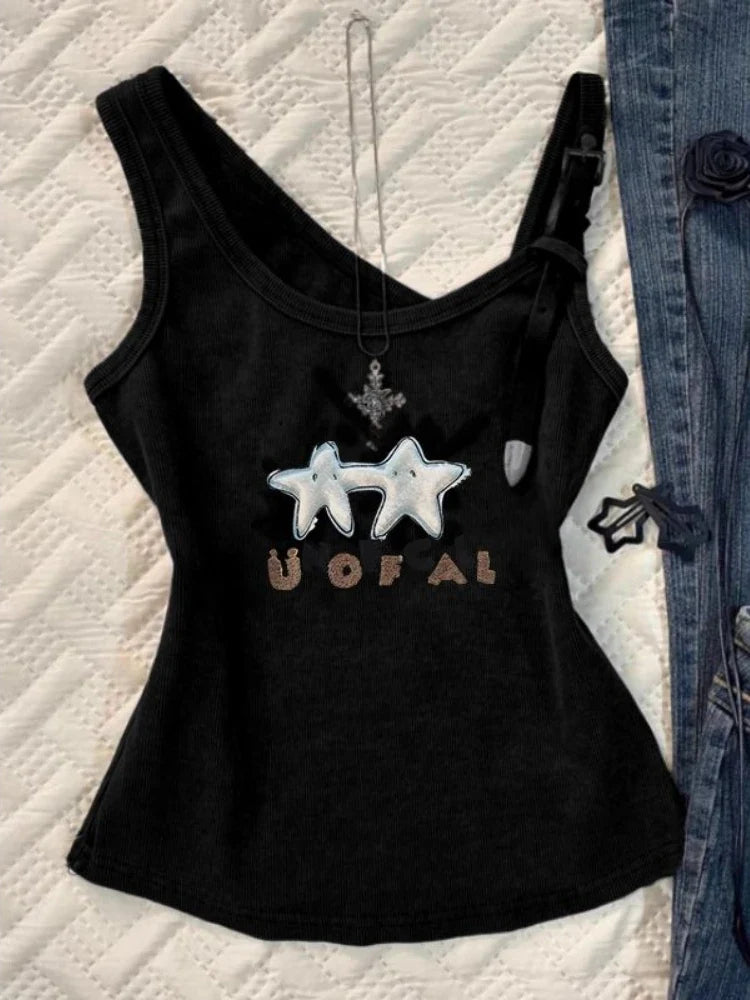 Summer Gothic New Vest Women Hepburn Chic O-neck Sleeveless Sexy Sling Tops Female Vintage Y2k Solid Thin Print Hot Chick Top