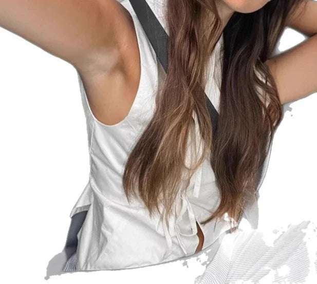Summer Casual White Lace Up Vest Wearing Pure Cotton Cardigan Top Women's Clothing