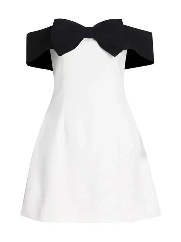 Off Shoulder Contrast Bow Ruched Mini Dress