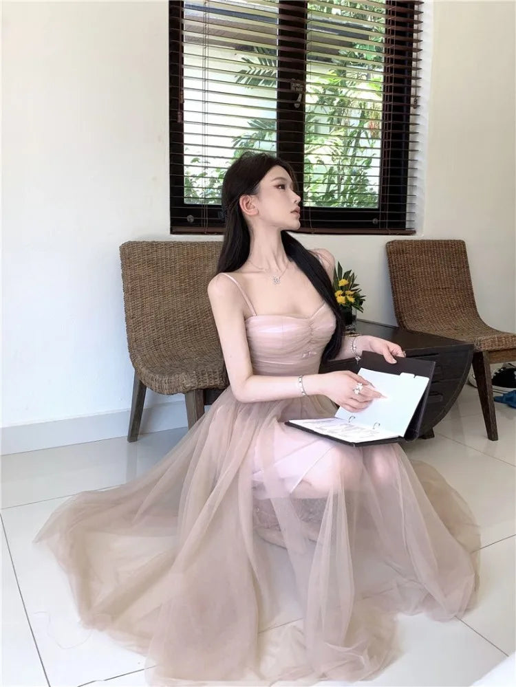 Woman Dress Bow Sleeveless Slash Neck Mesh Patchwork Princess Sweet Elegant Summer Fashion Party Dresses Female